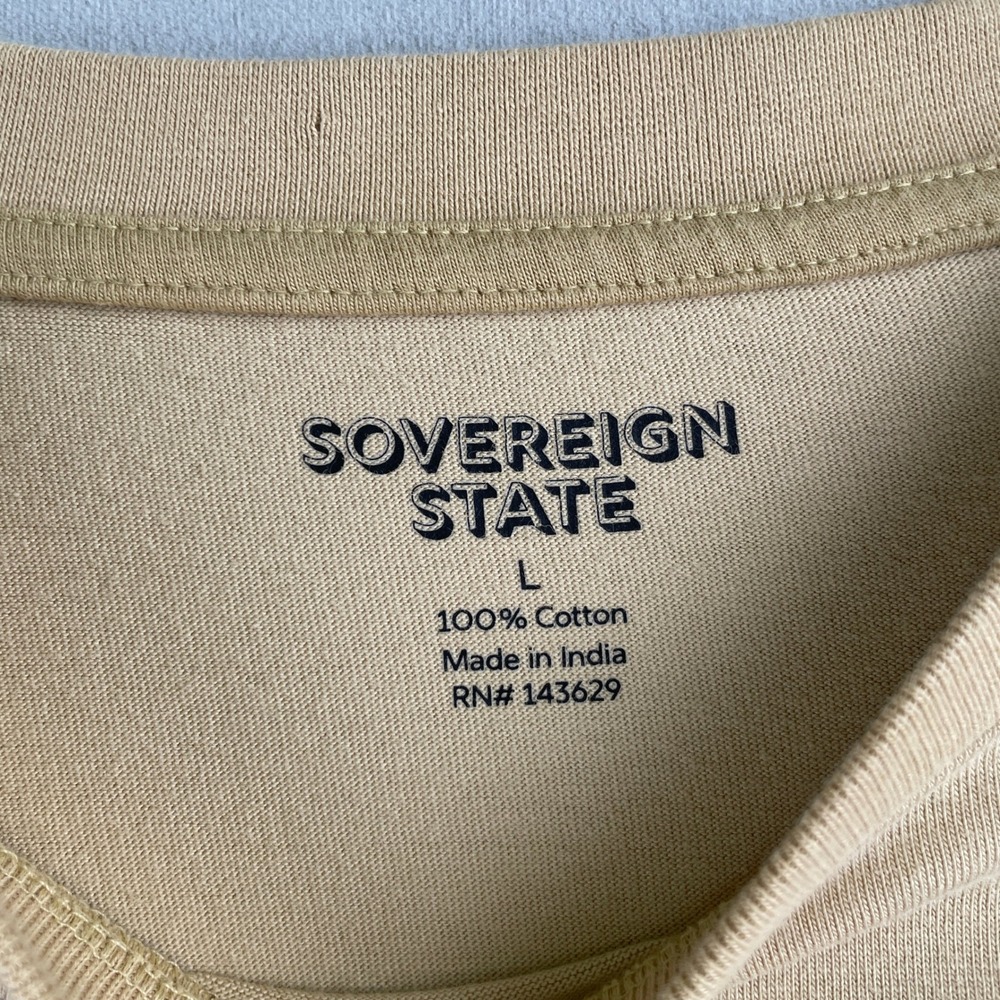 Sovereign State Mens Tan Cotton Long Sleeve T-Shirt Size L Curved Yoke Detail - Picture 7 of 8